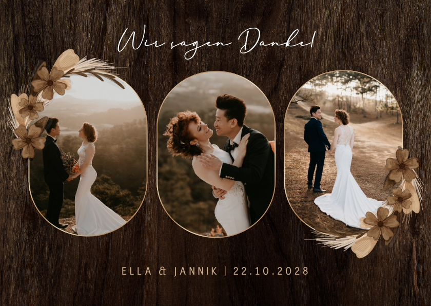 Fotokarten - Fotoserie-Dankeskarte Hochzeit Holz mit Trockenblumen