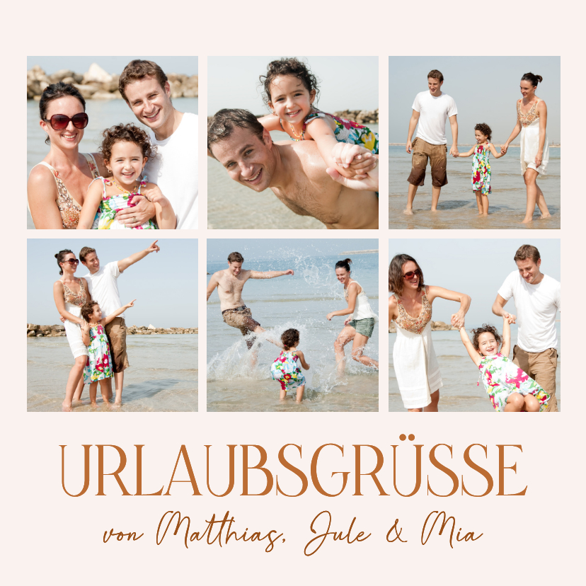 Urlaubsgrüße als Fotocollage mit 6 eigenen Fotos auf Beige - Fotokarten Fotokarten - Urlaubsgrüße als Fotocollage mit 6 eigenen Fotos auf Beige