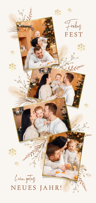 Weihnachts-Fotocollage Hochformat mit Zweigen und Kristallen - Fotokarten Fotokarten - Weihnachts-Fotocollage Hochformat mit Zweigen und Kristallen