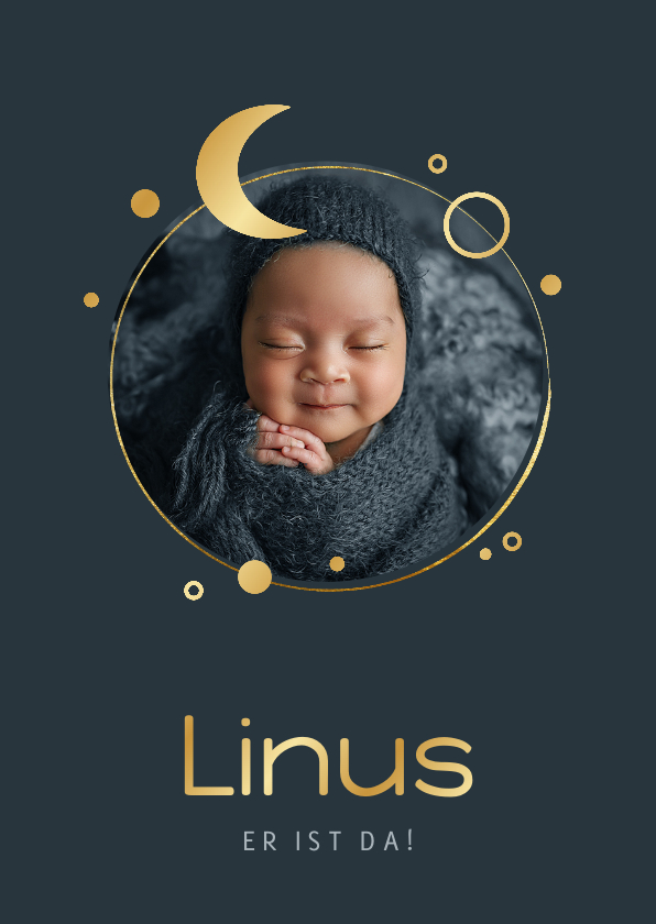 Geburtskarten - Babykarte nachtblau Foto & Mond in Gold