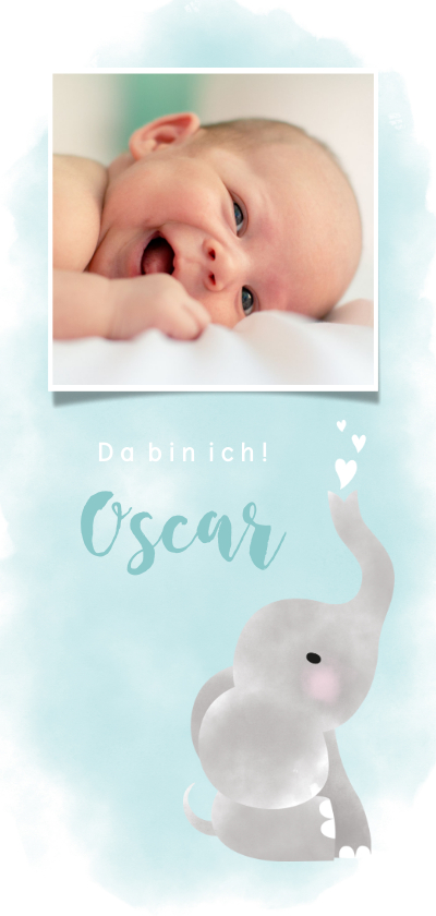 Dankeskarte Geburt blau Foto & Elefant Wasserfarbe - Geburtskarten Geburtskarten - Dankeskarte Geburt blau Foto & Elefant Wasserfarbe