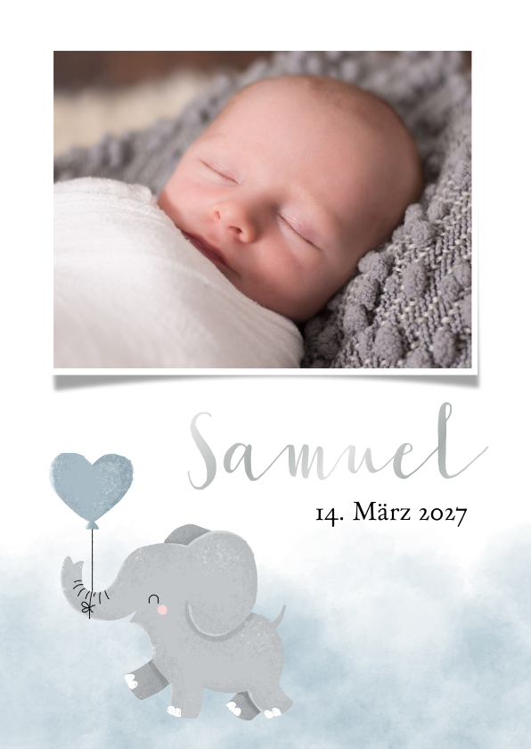 Geburtskarten - Dankeskarte Geburt Foto und Elefant blauer Luftballon
