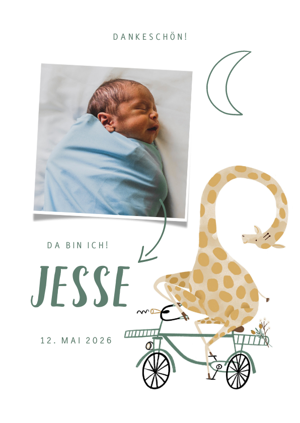 Geburtskarten - Dankeskarte Geburt Foto & Giraffe auf Fahrrad