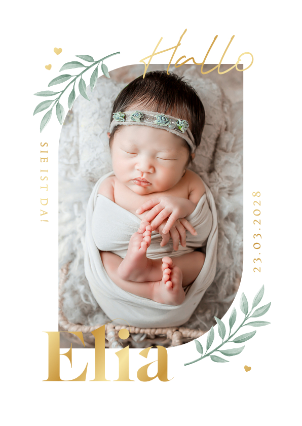 Geburtskarten - Dankeskarte Geburt Foto, Zweige & Gold