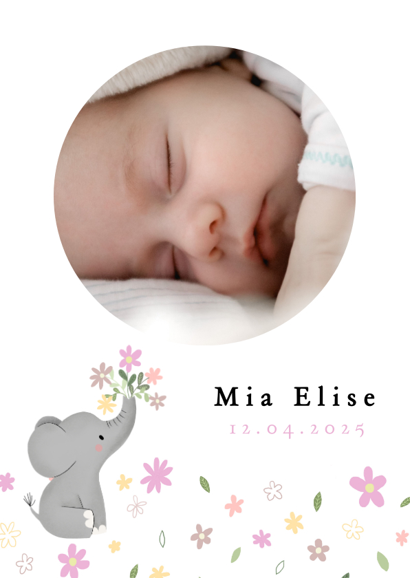 Geburtskarten - Dankeskarte Geburt Fotos kleiner Elefant mit Blumen