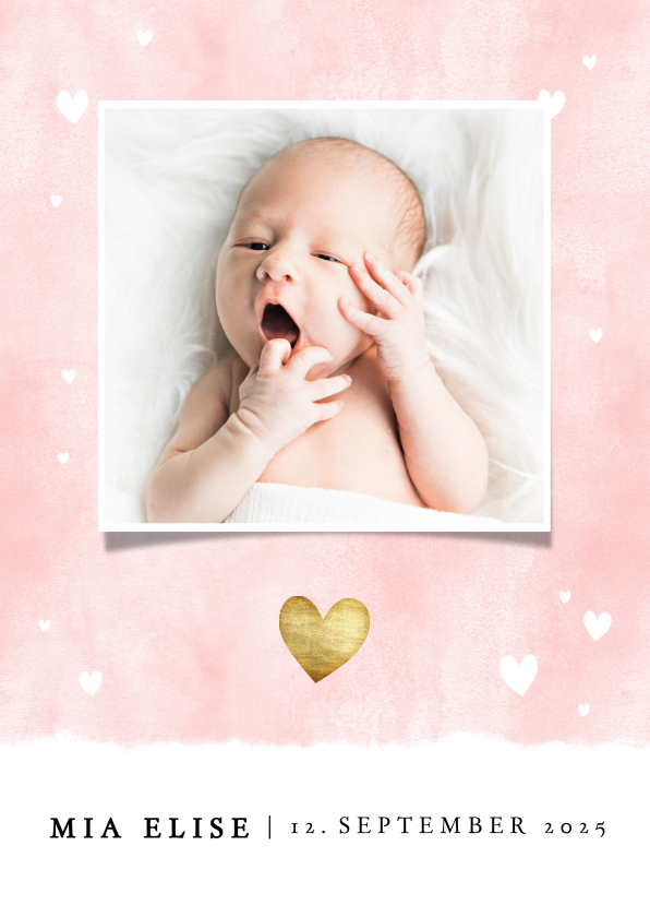 Geburtskarten - Dankeskarte Geburt rosa Fotos Aquarell mit Herzchen