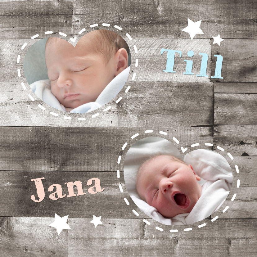 Geburtskarten - Dankeskarte Holzlook & Fotos Geburt Zwilling