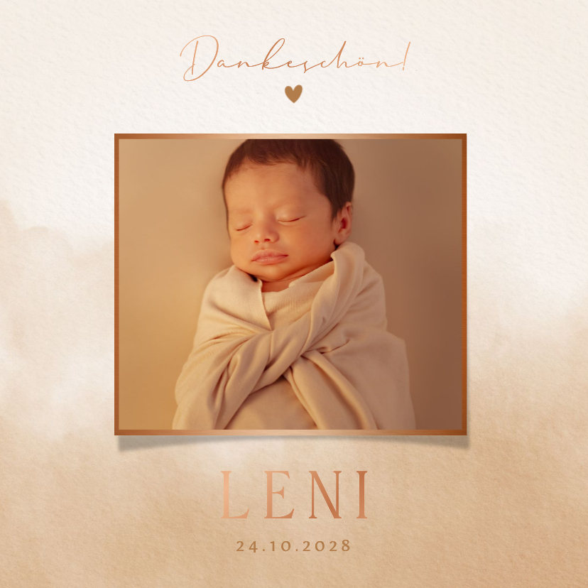 Dankeskarte zur Geburt beige Aquarell, Foto & Kupferschrift - Geburtskarten Geburtskarten - Dankeskarte zur Geburt beige Aquarell, Foto & Kupferschrift