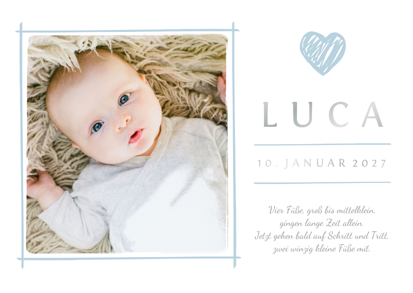 Geburtskarten - Dankeskarte zur Geburt blaues Herz & eigenes Foto 