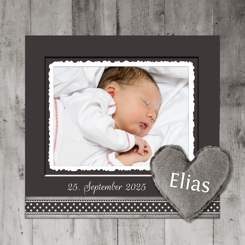 Geburtskarten - Dankeskarte zur Geburt Holzlook Herz mit Foto 