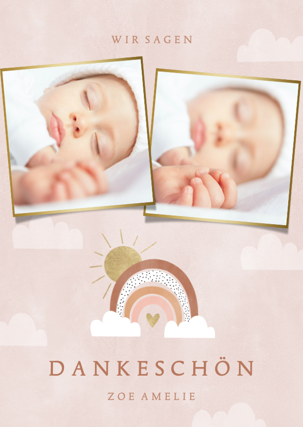 Geburtskarten - Dankeskarte zur Geburt Regenbogen rosa und Fotocollage