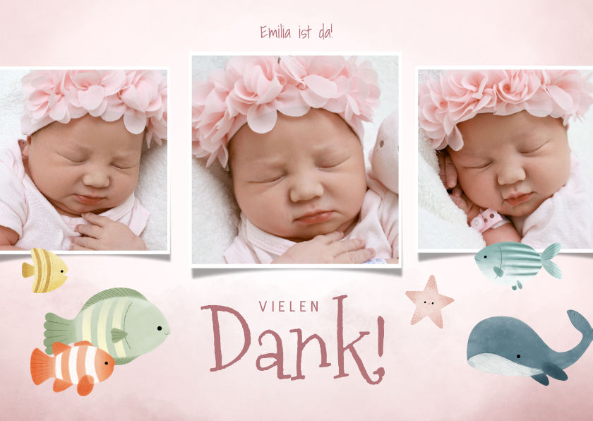 Geburtskarten - Dankeskarte zur Geburt Unterwasserwelt Fotocollage rosa