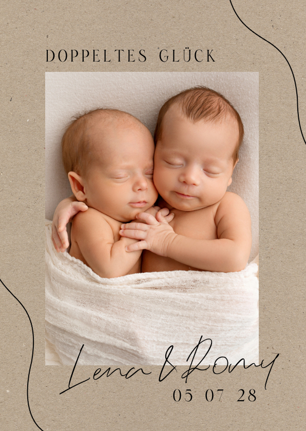 Geburtskarten - Dankeskarte Zwillingsgeburt grafische Linien & Foto