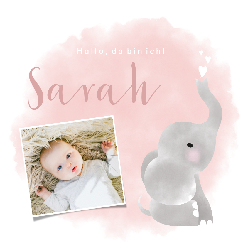 Geburtskarten - Danksagung Geburt Foto, Elefant Aquarell rosa