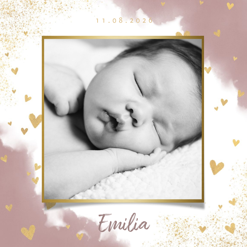 Geburtskarten - Danksagung Geburt in Aquarelloptik mit Foto & Herzen