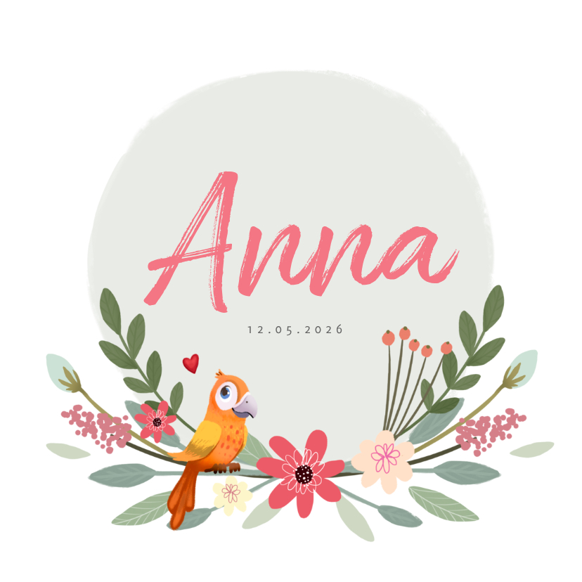 Danksagung Geburt Papagei in Blumenkranz Foto innen - Geburtskarten Geburtskarten - Danksagung Geburt Papagei in Blumenkranz Foto innen