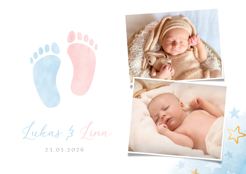 Geburtskarten - Danksagung Geburtskarte Zwilling blau-rosa Füßchen