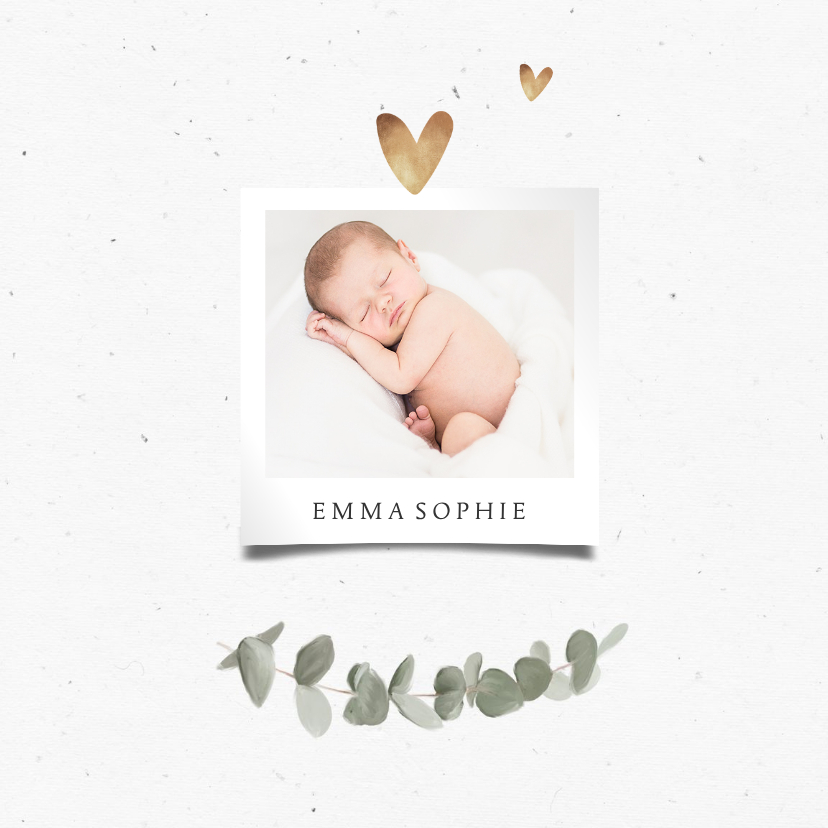 Danksagung zur Geburt Foto, Herzen und Eukalyptus - Geburtskarten Geburtskarten - Danksagung zur Geburt Foto, Herzen und Eukalyptus