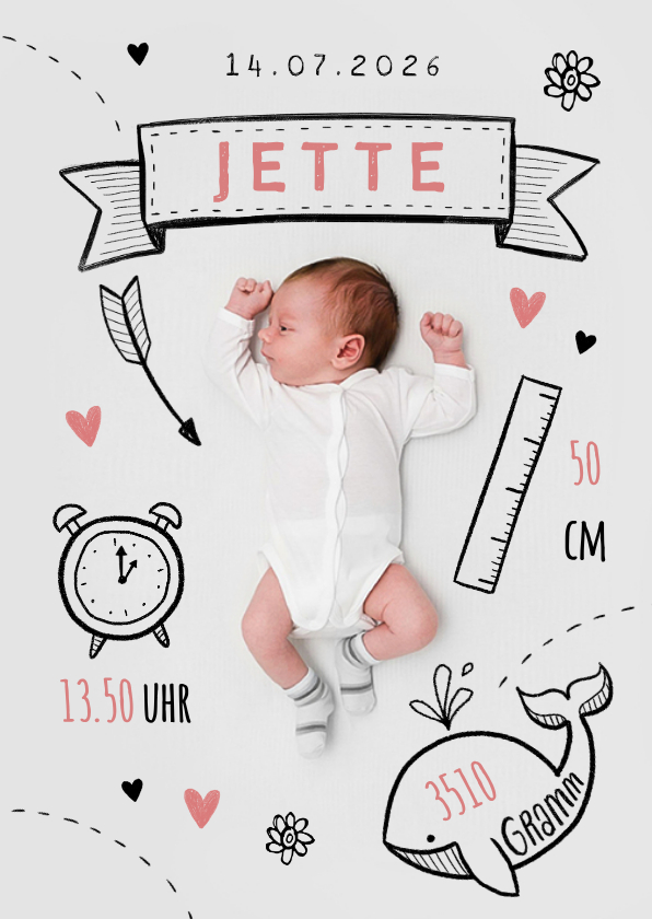 Danksagung zur Geburt Foto mit Doodles rosa - Geburtskarten Geburtskarten - Danksagung zur Geburt Foto mit Doodles rosa