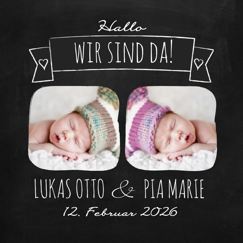 Geburtskarten - Danksagung zur Geburt Zwillinge Fotos Kreideoptik