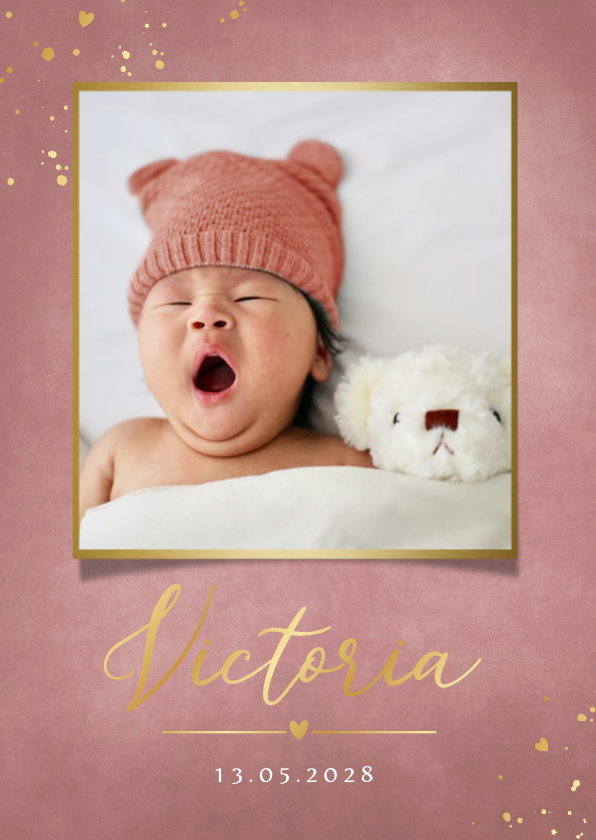 Geburtskarten - Elegante Geburtskarte altrosa, Foliendruck & Foto