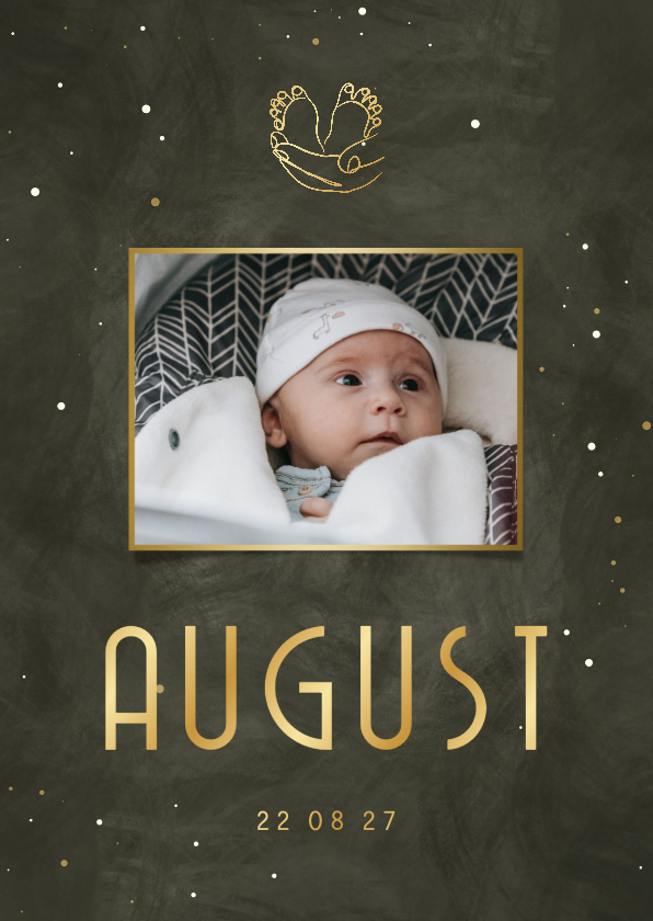 Geburtskarten - Foto-Geburtskarte Hand mit Füßchen olivgrün 
