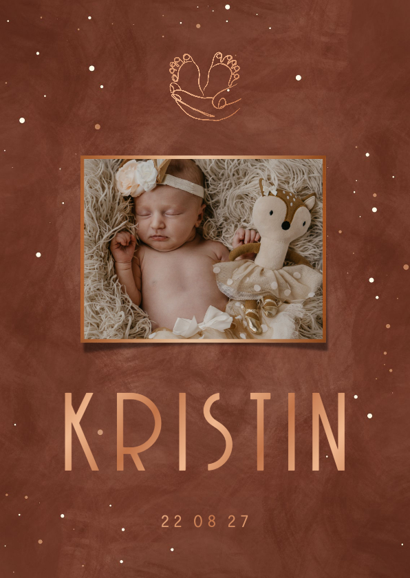 Geburtskarten - Foto-Geburtskarte Hand mit Füßchen rostrot