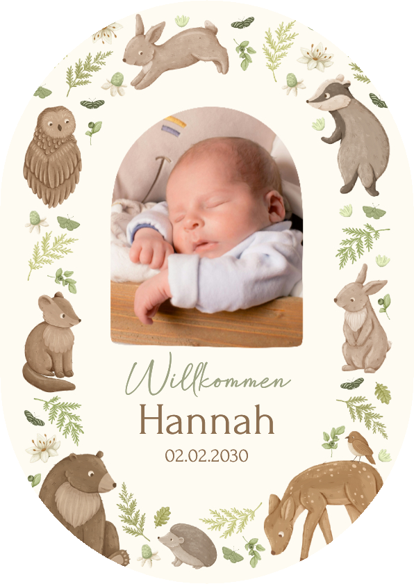 Geburtskarten - Foto-Geburtskarte Oval Waldtiere und Pflanzen
