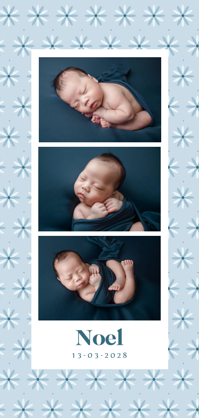 Geburtskarten - Fotokarte Danksagung zur Geburt blaue & weiße Blümchen