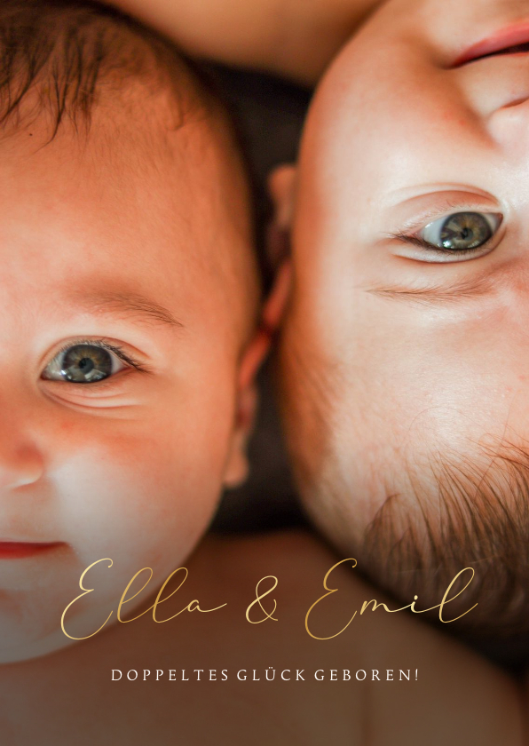 Geburtskarten - Fotokarte Geburt Zwillinge elegant in Goldlook