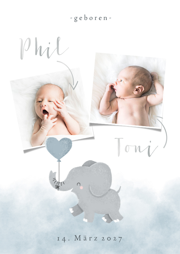 Geburtskarten - Geburts-Danksagung Zwilling Fotos & hellblauer Elefant
