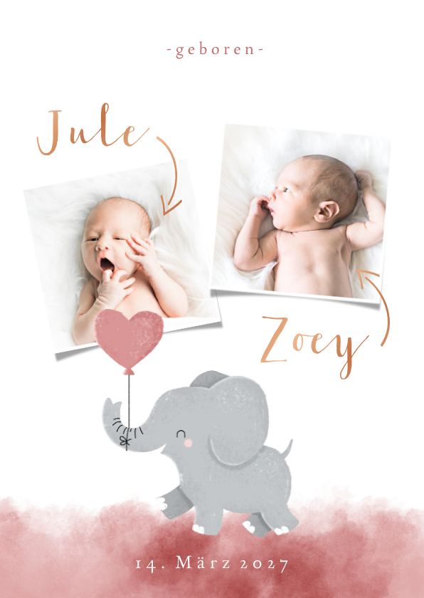 Geburtskarten - Geburts-Danksagung Zwilling Fotos & rosa Elefant
