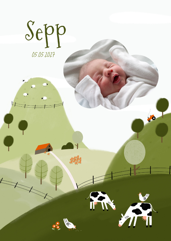Geburtskarten - Geburtskarte Bauernhof Tiere grün