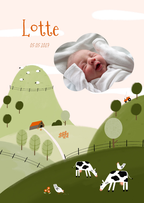 Geburtskarten - Geburtskarte Bauernhof Tiere rosa