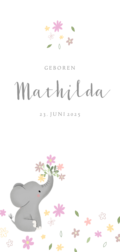 Geburtskarte Elefant mit Blumen Foto Rückseite - Geburtskarten Geburtskarten - Geburtskarte Elefant mit Blumen Foto Rückseite
