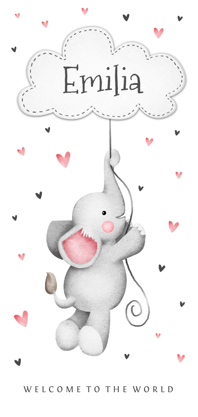 Geburtskarten - Geburtskarte Elefant mit Wolke & Herzen rosa