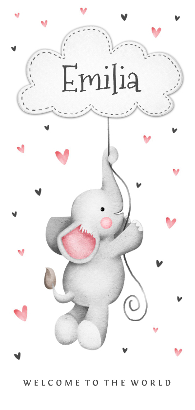 Geburtskarte Elefant mit Wolke & Herzen rosa - Geburtskarten Geburtskarten - Geburtskarte Elefant mit Wolke & Herzen rosa