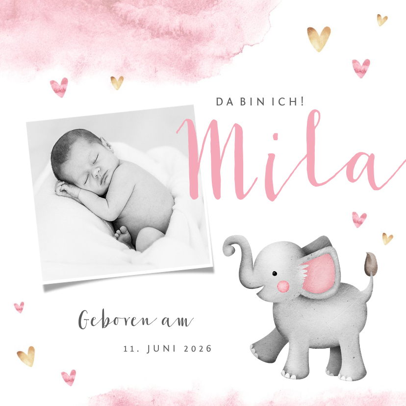 Geburtskarten - Geburtskarte Elefant Wasserfarbe & Foto