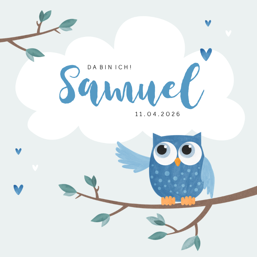 Geburtskarten - Geburtskarte Eule blau