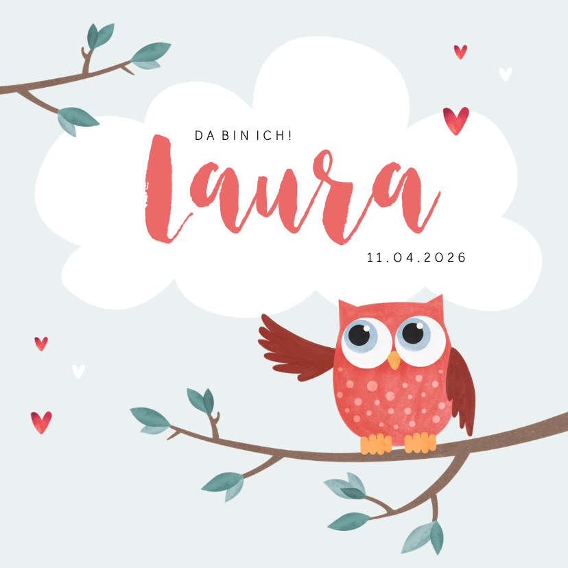 Geburtskarten - Geburtskarte Eule pink
