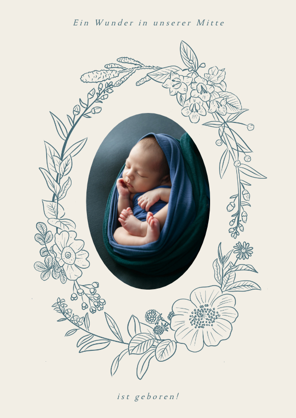 Geburtskarten - Geburtskarte Foto in Blumenkranz blau
