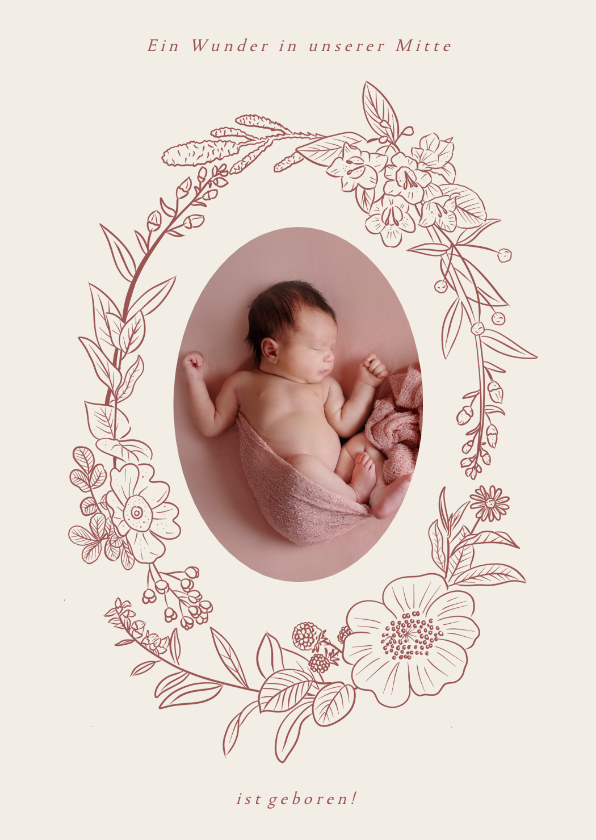 Geburtskarten - Geburtskarte Foto in Blumenkranz rosé