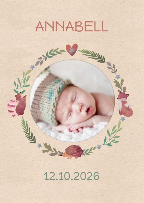 Geburtskarte Foto in Kranz aus Tieren und Blättern - Geburtskarten Geburtskarten - Geburtskarte Foto in Kranz aus Tieren und Blättern