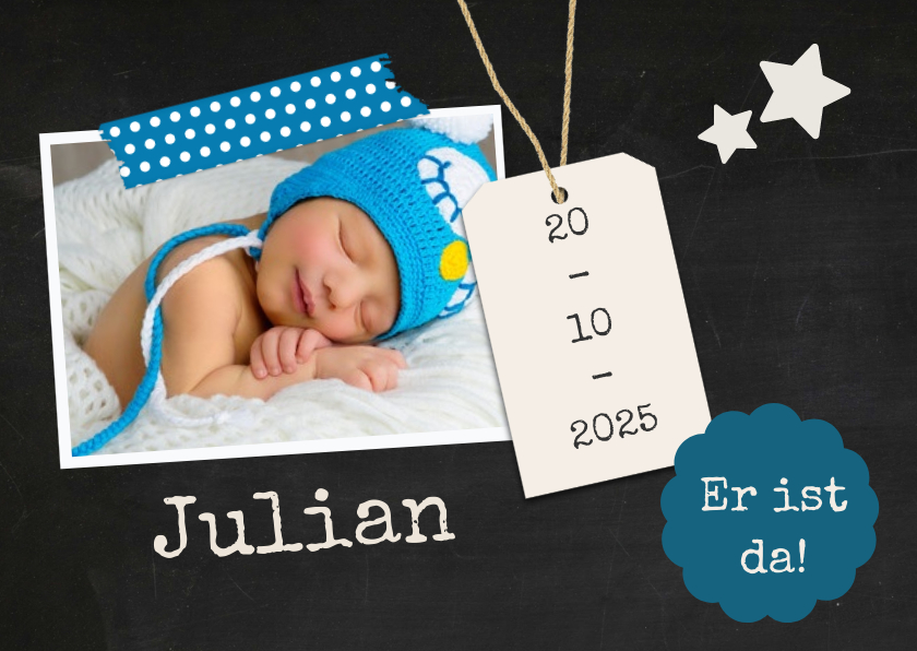 Geburtskarten - Geburtskarte Foto und Label auf Kreidetafel