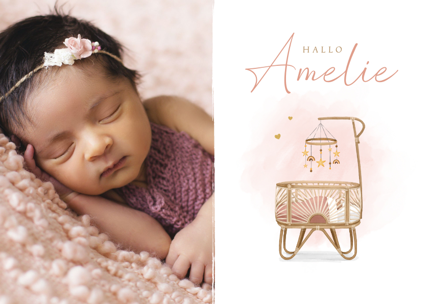 Geburtskarten - Geburtskarte Foto & Wiege rosa Aquarell