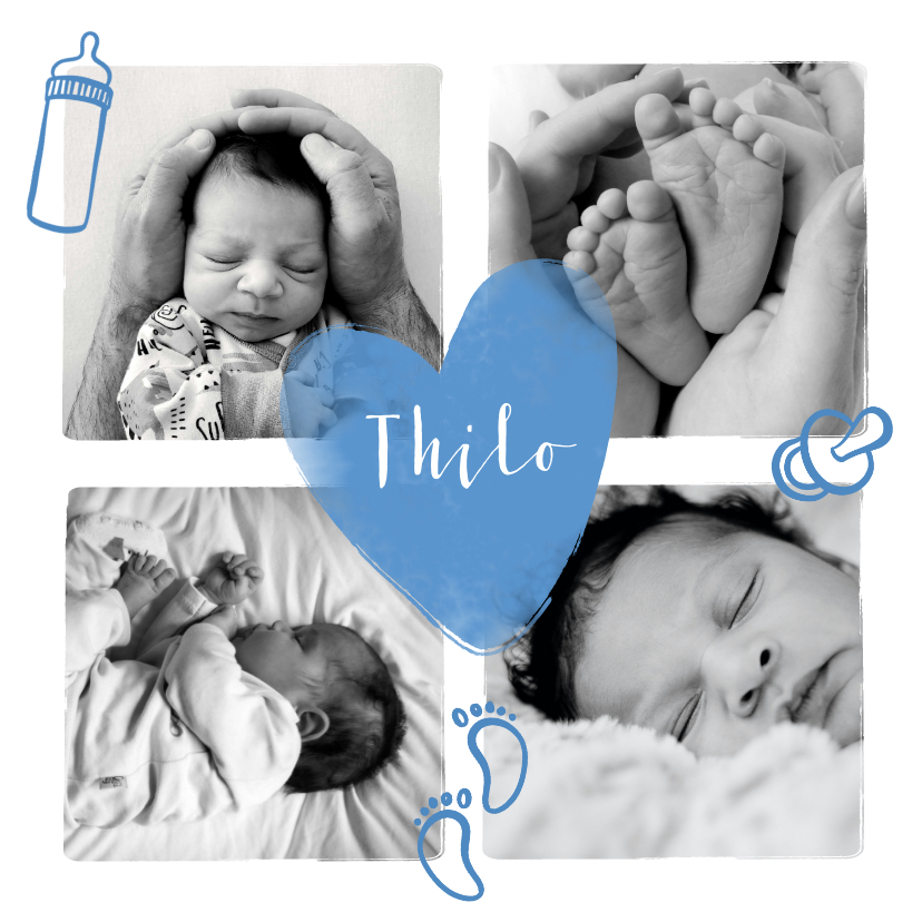 Geburtskarten - Geburtskarte Fotocollage Herz und Icons
