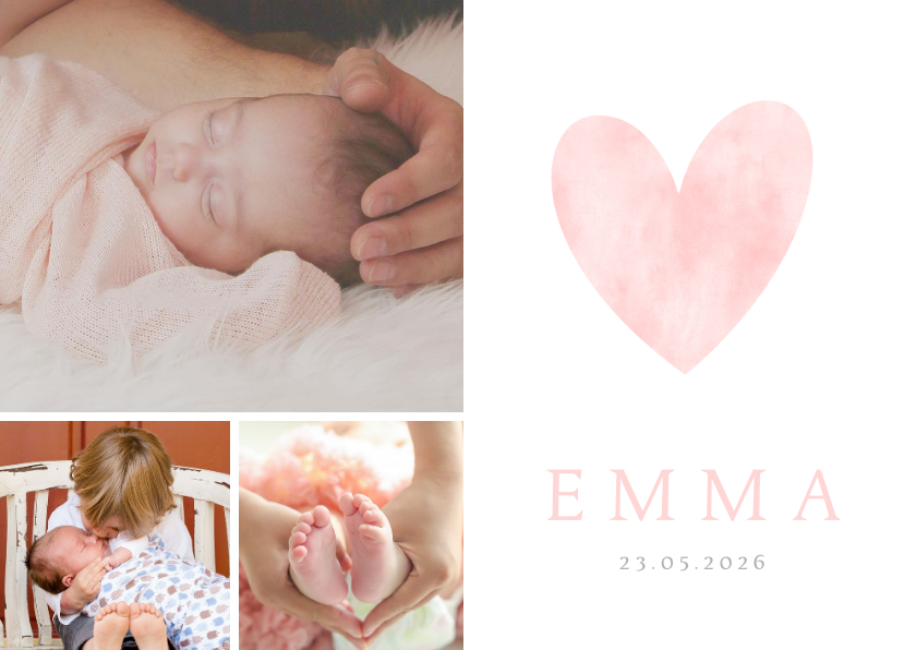 Geburtskarten - Geburtskarte Fotocollage rosa Herz Aquarell