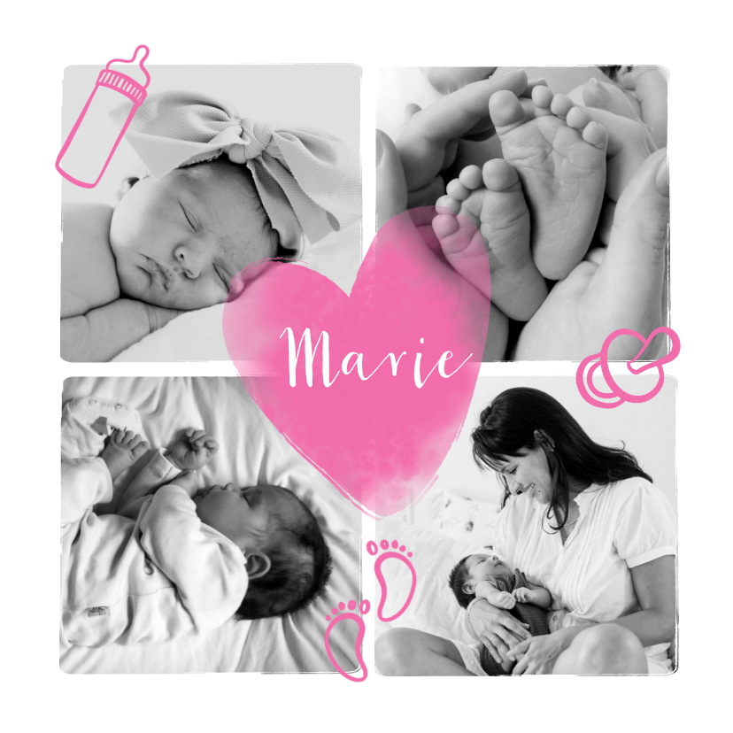 Geburtskarten - Geburtskarte Fotocollage rosa Herz und Icons