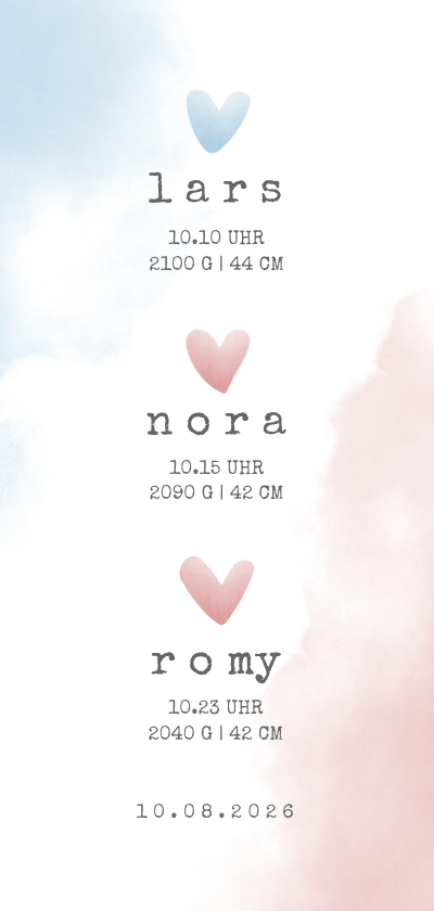 Geburtskarte für einen Drilling rosa-blaue Herzen - Geburtskarten Geburtskarten - Geburtskarte für einen Drilling rosa-blaue Herzen