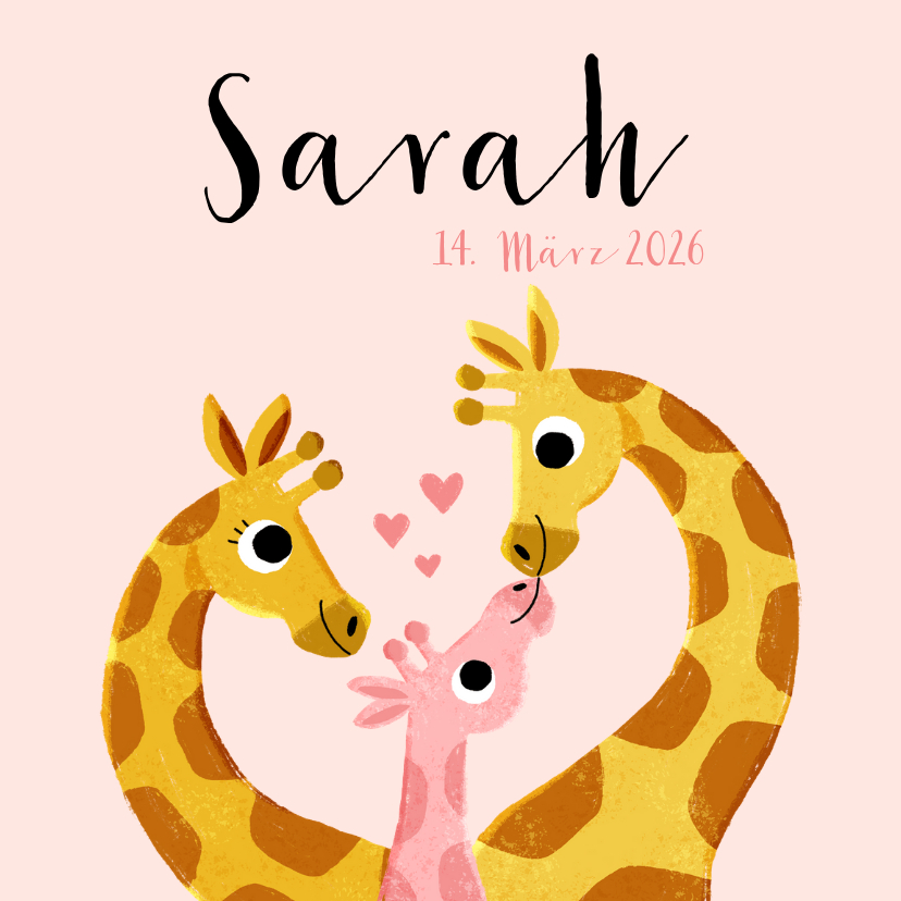 Geburtskarte Giraffenfamilie rosa und Foto innen - Geburtskarten Geburtskarten - Geburtskarte Giraffenfamilie rosa und Foto innen